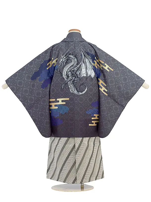 七五三（5歳 6歳 男の子 羽織袴）0584 グレー  黒 紫 龍 ドラゴン