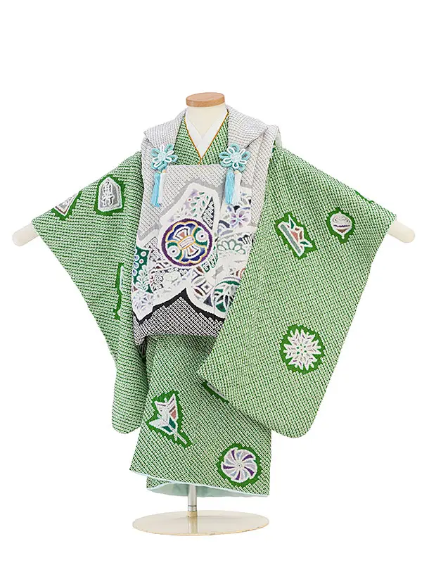七五三（3歳男の子被布）0604 正絹 高級 総絞り グレー 緑 金駒刺繍
