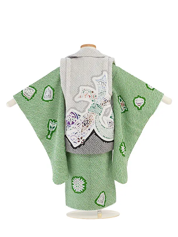 七五三（3歳男の子被布）0604 正絹 高級 総絞り グレー 緑 金駒刺繍