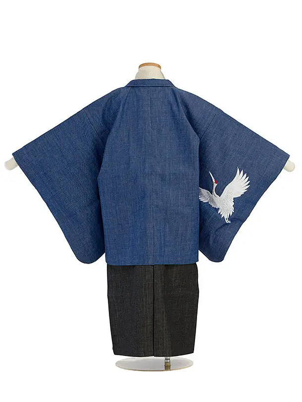 七五三（5歳 6歳 男の子 羽織袴）0607 デニム着物  青 鶴 刺繍