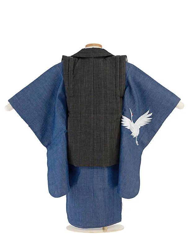 七五三（3歳男の子被布）0608 デニム着物  青 黒 鶴 刺繍