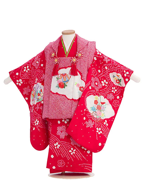 七五三（3歳女の子被布）0440【正絹】赤 白 絞り 菊刺繍 高級 古典 上品