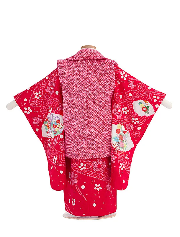 七五三（3歳女の子被布）0440【正絹】赤 白 絞り 菊刺繍 高級 古典 上品