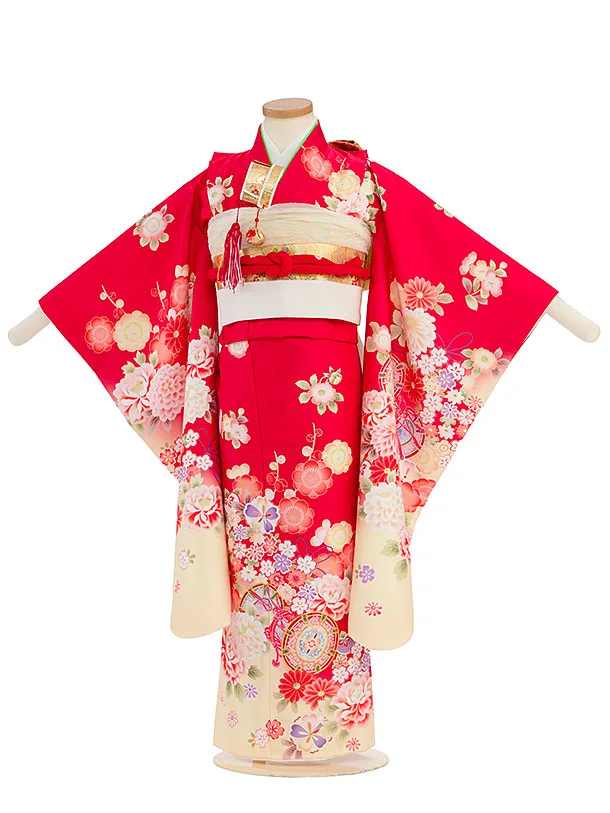 七五三（5歳女の子四つ身）0498 赤 金 クリーム