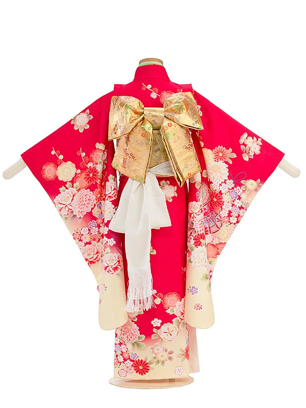 七五三（5歳女の子四つ身）0498 赤 金 クリーム