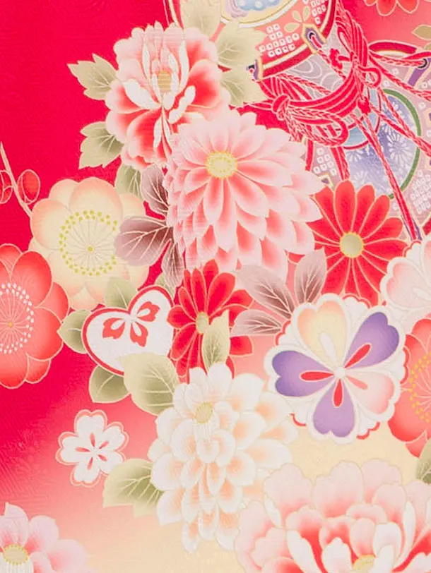 七五三（5歳女の子四つ身）0498 赤 金 クリーム