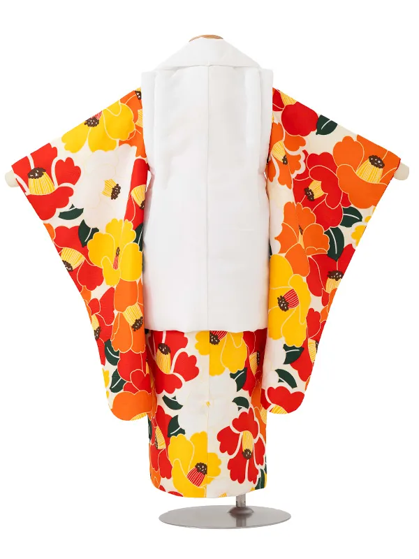 七五三（3歳女の子被布）0500 椿 オレンジ 黄色 アイボリー 花 レトロ