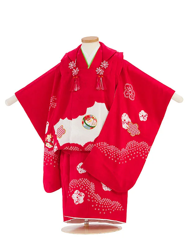 七五三（3歳女の子被布）0515 正絹 高級 赤 白 刺繍