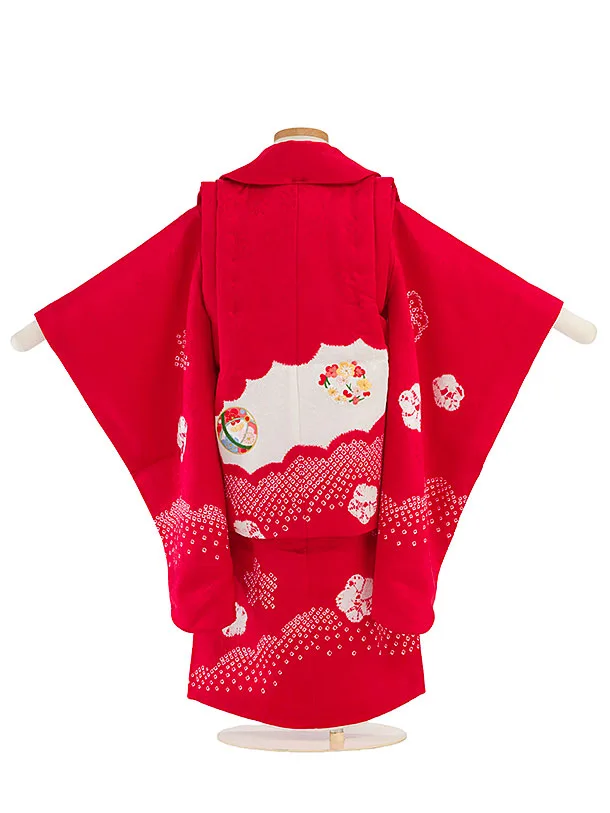 七五三（3歳女の子被布）0515 正絹 高級 赤 白 刺繍