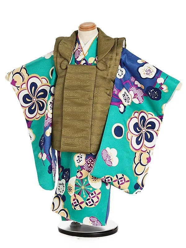 七五三（3歳男の子被布）0198 ねじ梅 モダン 抹茶/緑