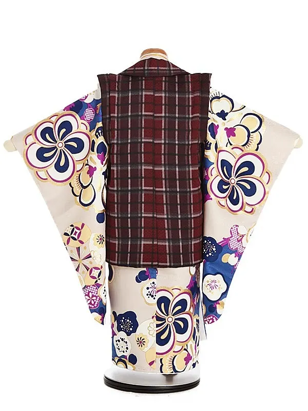 七五三（3歳男の子被布）0214 ねじ梅 モダン 茶 チェック