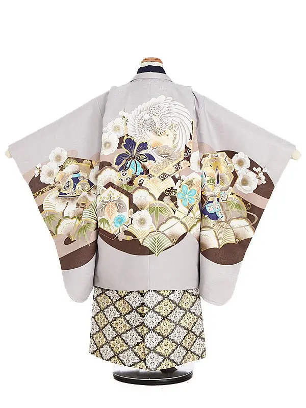 七五三（5歳 6歳 男の子 羽織袴）0366 亀甲 紫 白 /金 鷹