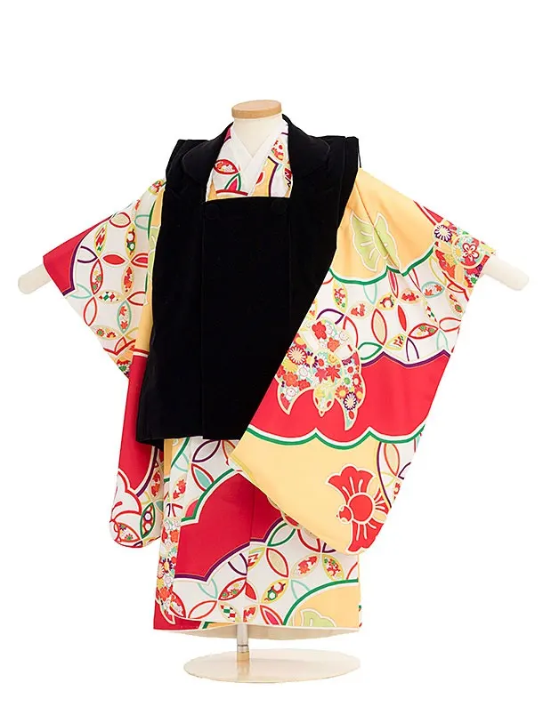 七五三（3歳男の子被布）0486 レトロモダン ふくらすずめ 赤 黄色