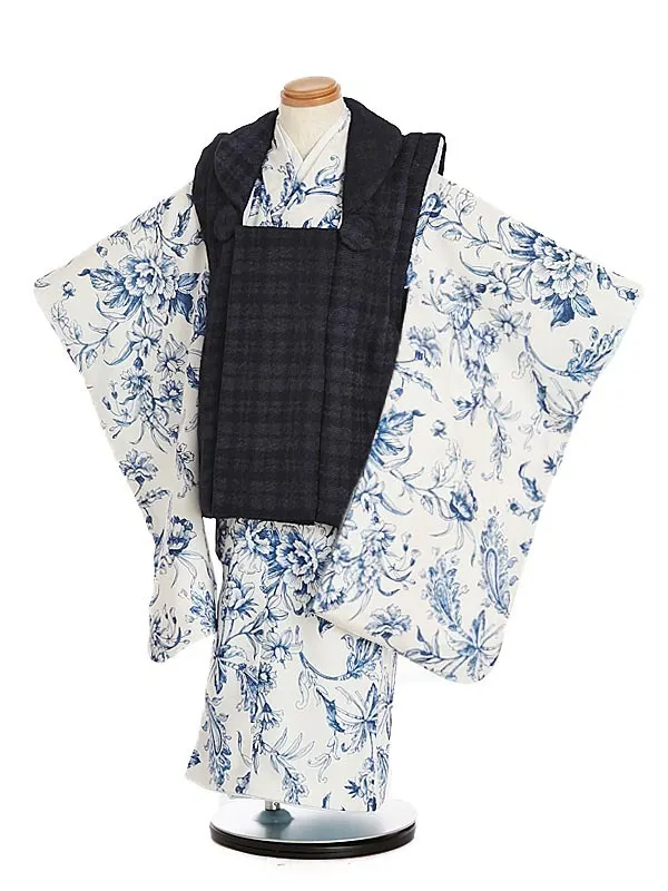 七五三（3歳女の子被布）0256 ぷちぷり ツイード紺 格子 白 青