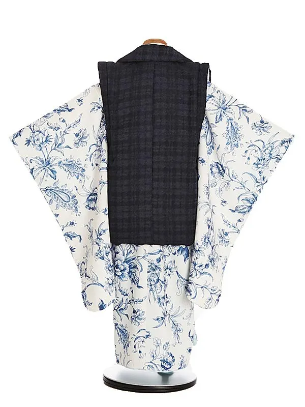 七五三（3歳女の子被布）0256 ぷちぷり ツイード紺 格子 白 青