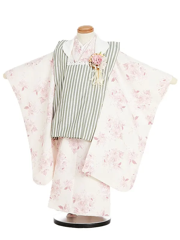 七五三（3歳女の子被布）0363 ラフィネココ グレー ストライプ 縞/ピンク