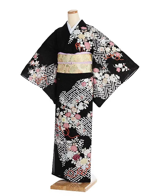 夏訪問着046(絽)四季の花 黒 JAPANSTYLE tk