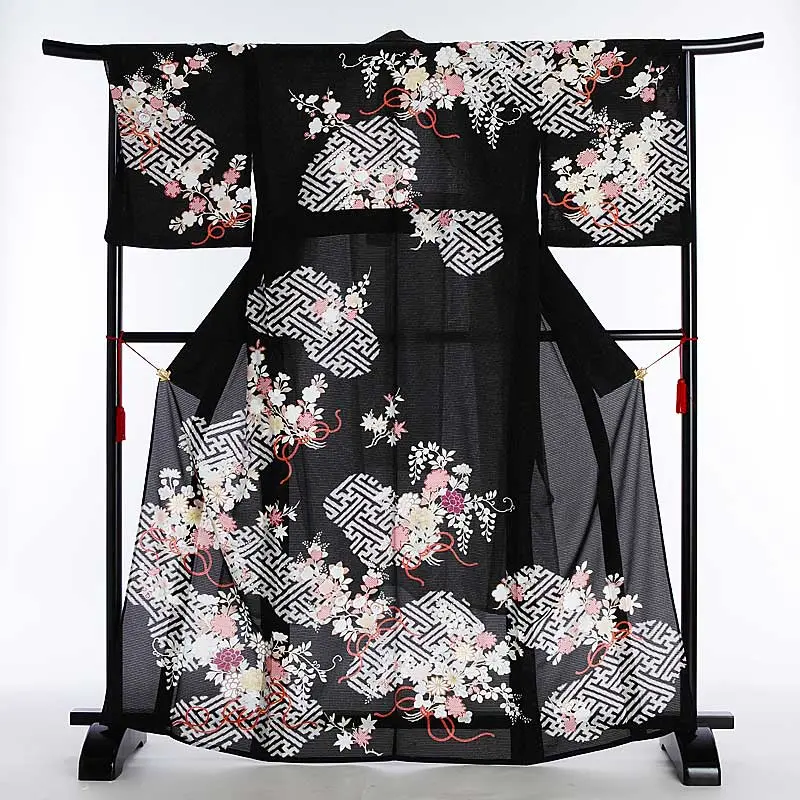夏訪問着046(絽)四季の花 黒 JAPANSTYLE tk