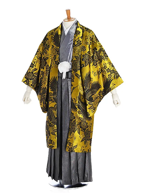 成人式卒業式袴 金羽織鶴柄 ｽﾞﾎﾞﾝﾀｲﾌﾟ袴ｽﾄﾗｲﾌﾟ柄 M003 tk