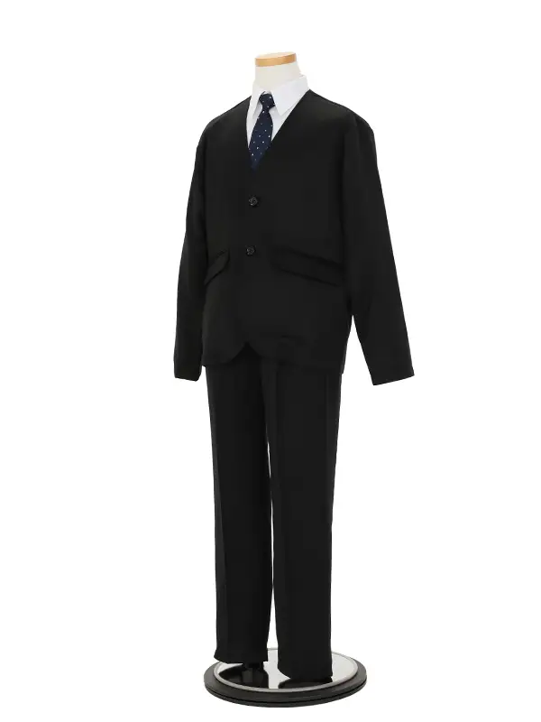 [卒業スーツ]長ズボン/黒ノーカラースーツ/ドット柄ネクタイ/S003