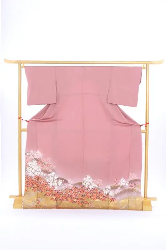 色留袖35薄あずき色裾金箔　桜松小模様　正絹