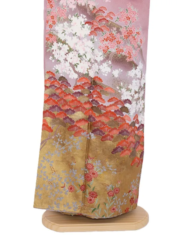 色留袖35薄あずき色裾金箔　桜松小模様　正絹