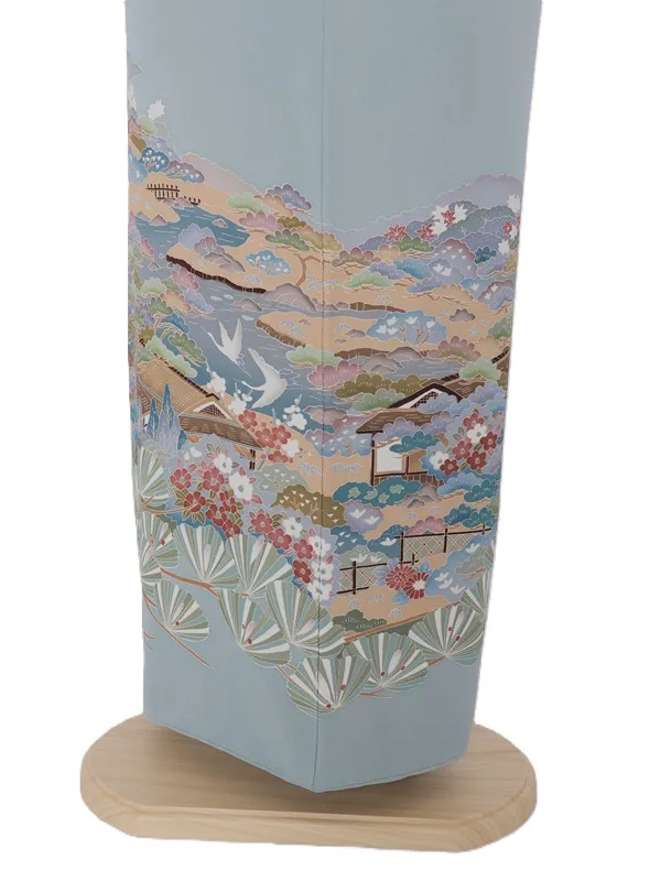 色留袖53加賀友禅 錆青磁色遠山風景に老松