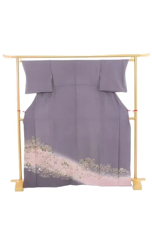 色留袖57ｸﾞﾚｰﾋﾟﾝｸぼかしに茶屋辻文様　正絹