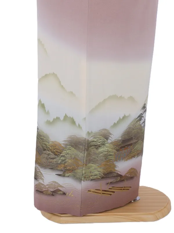 色留袖65梅ねずみ色ぼかし金箔山水文様　正絹