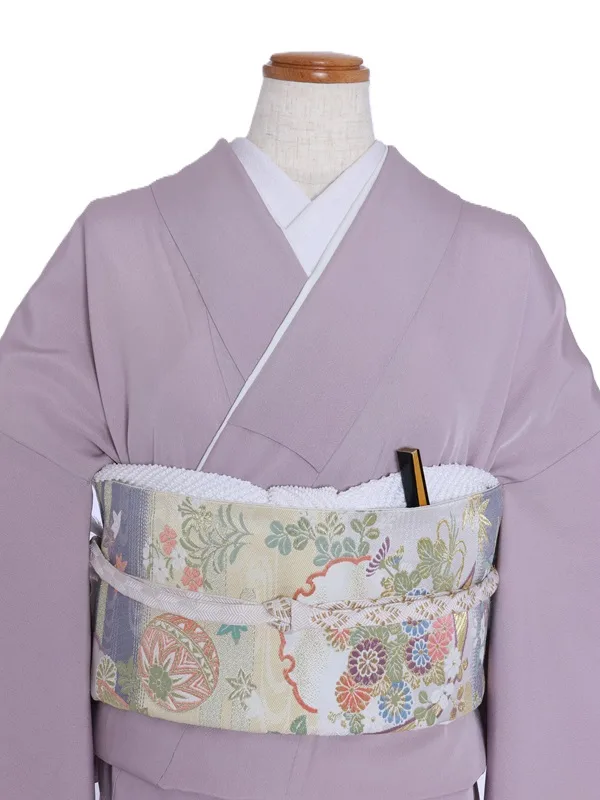 色留袖72薄紫色渋色小花扇面に茶屋辻文様 正絹
