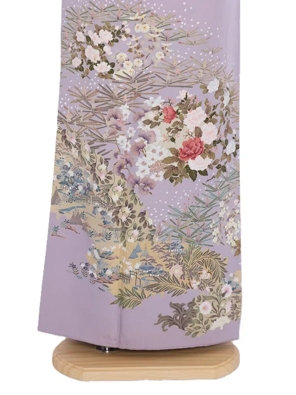 色留袖72薄紫色渋色小花扇面に茶屋辻文様 正絹