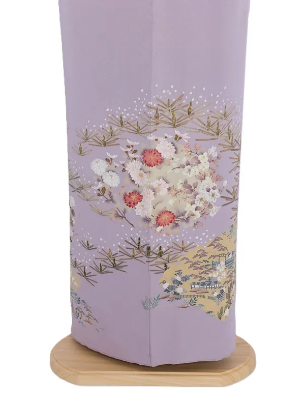 色留袖72薄紫色渋色小花扇面に茶屋辻文様 正絹