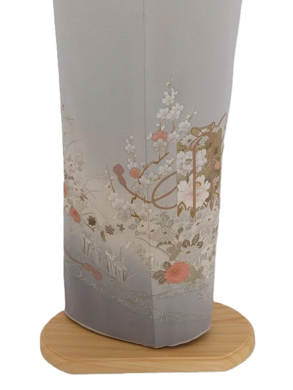 色留袖93薄ｸﾞﾚｰ玉手箱　四季の花