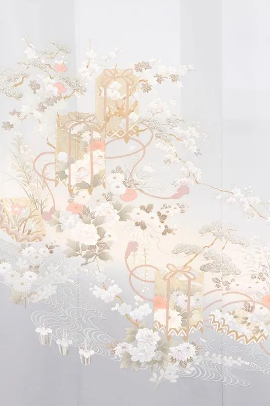 色留袖93薄ｸﾞﾚｰ玉手箱　四季の花