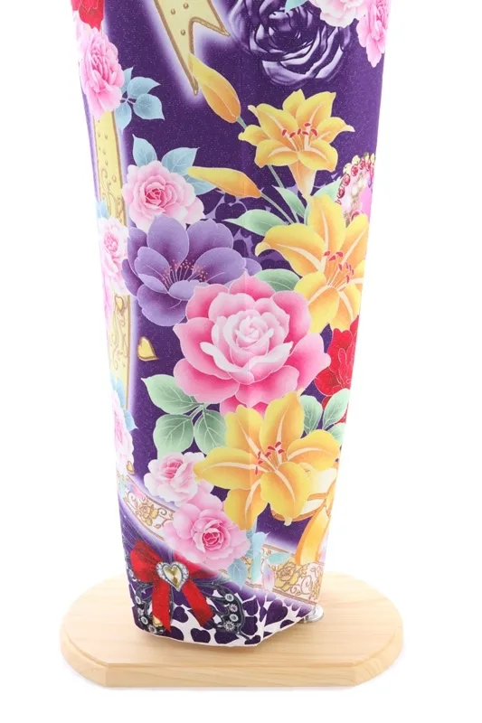 振袖788/紫地に裾白にリボン　バラの花