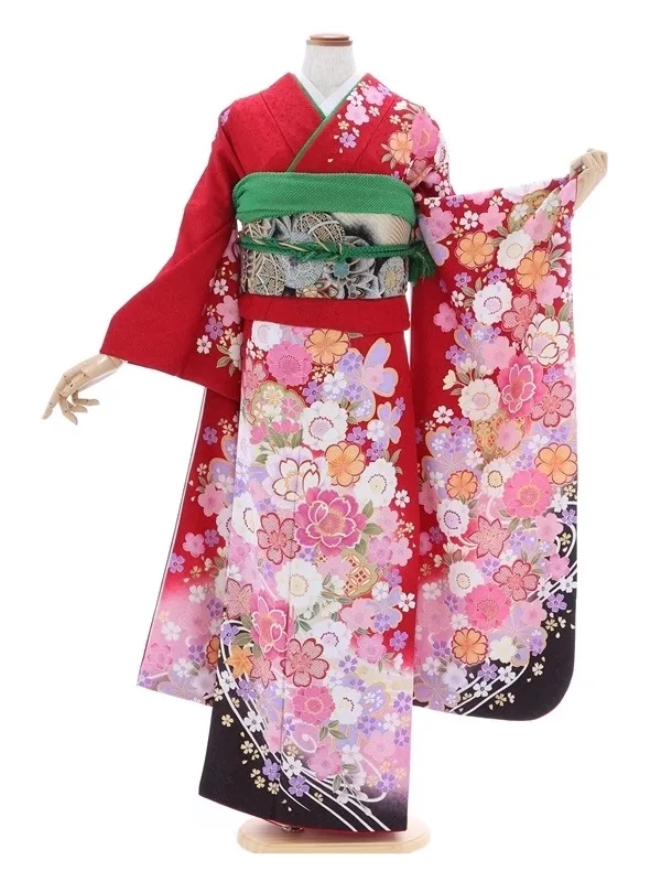 振袖818/赤 桜 流水 雪輪模様