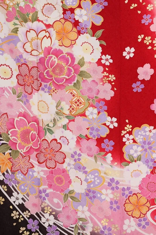 振袖818/赤 桜 流水 雪輪模様