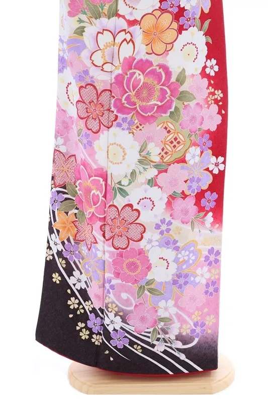 振袖818/赤 桜 流水 雪輪模様