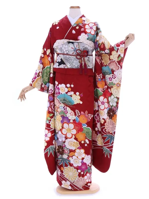 振袖938/ワイン色　七宝つなぎ地模様　松・桜・梅柄