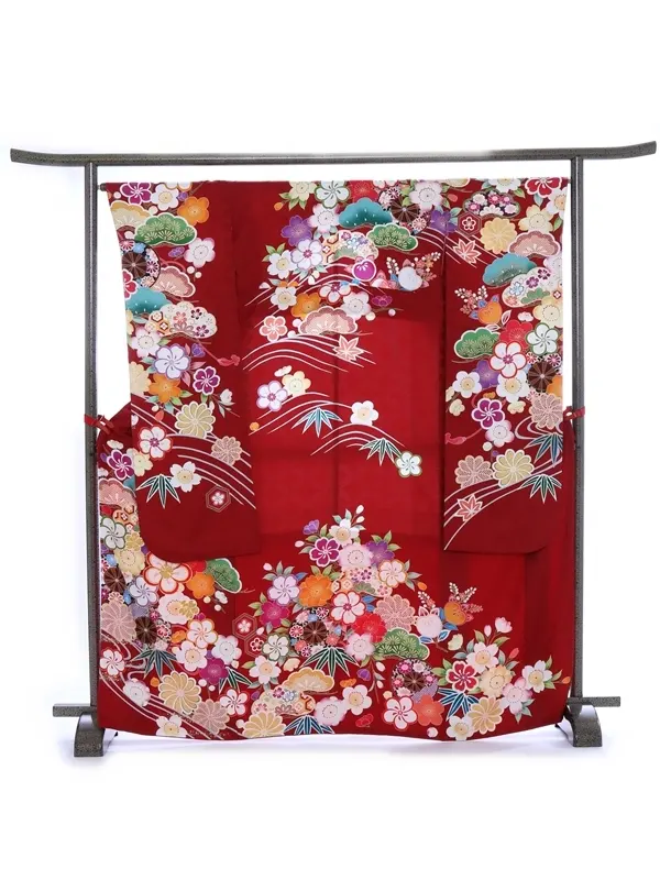 振袖938/ワイン色　七宝つなぎ地模様　松・桜・梅柄