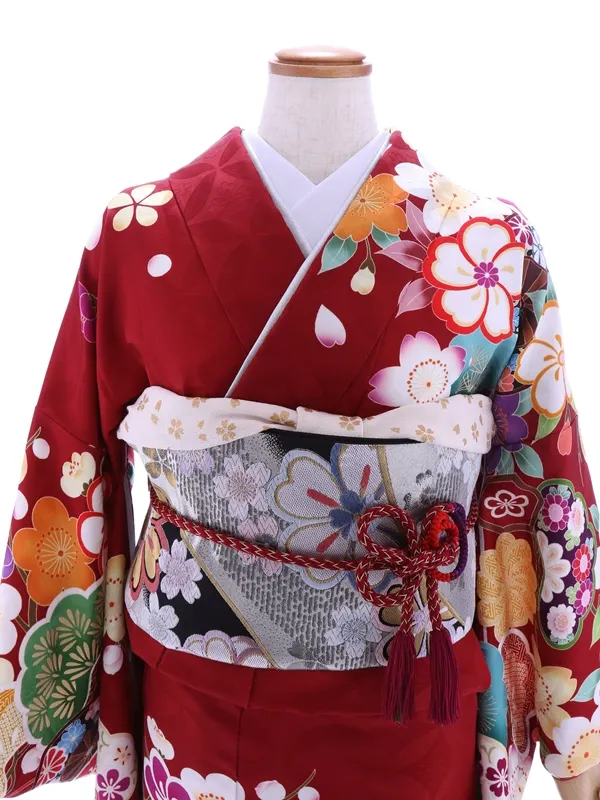振袖938/ワイン色　七宝つなぎ地模様　松・桜・梅柄