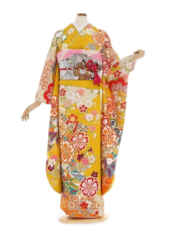 振袖1003/うこん色裾オレンジぼかし　桜・笹柄