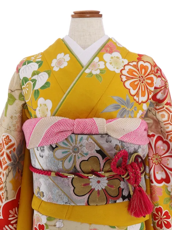 振袖1003/うこん色裾オレンジぼかし　桜・笹柄