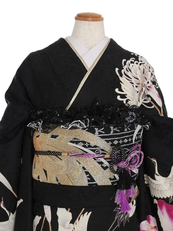 振袖1087/黒 鶴 百合 乱菊