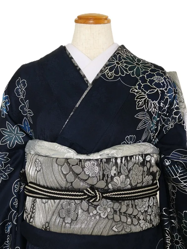 振袖1098/紺地に四季の花 銀彩