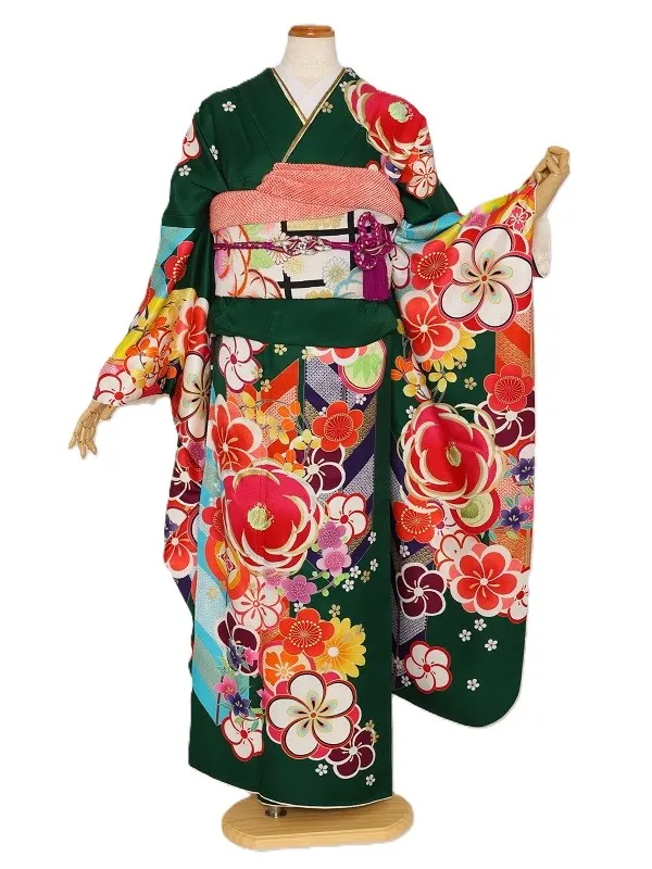 振袖1132/ｸﾞﾘｰﾝ椿梅桜【ゆったりサイズ】