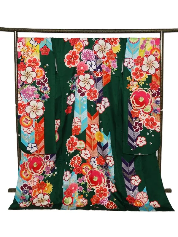 振袖1132/ｸﾞﾘｰﾝ椿梅桜【ゆったりサイズ】