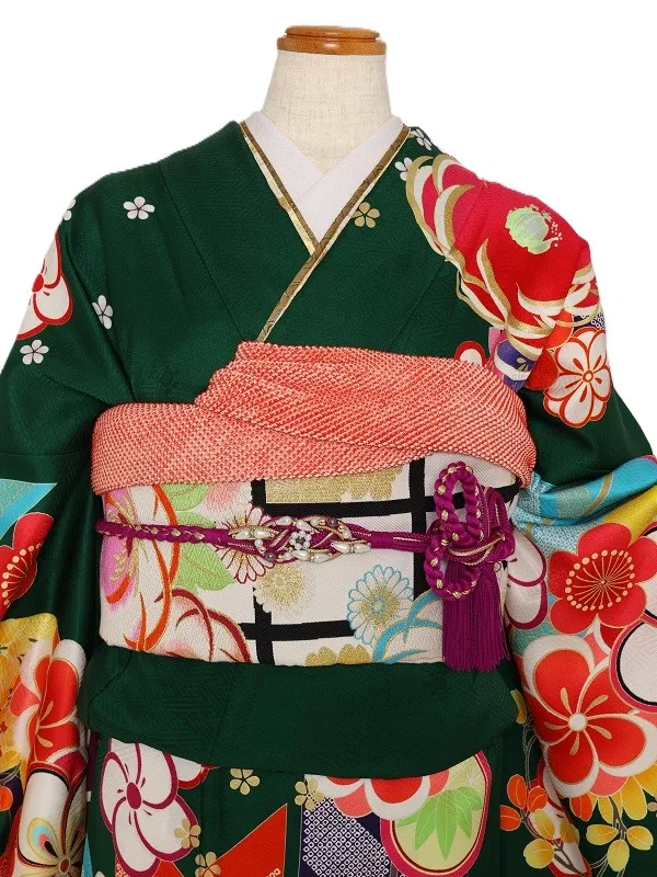 振袖1132/ｸﾞﾘｰﾝ椿梅桜【ゆったりサイズ】