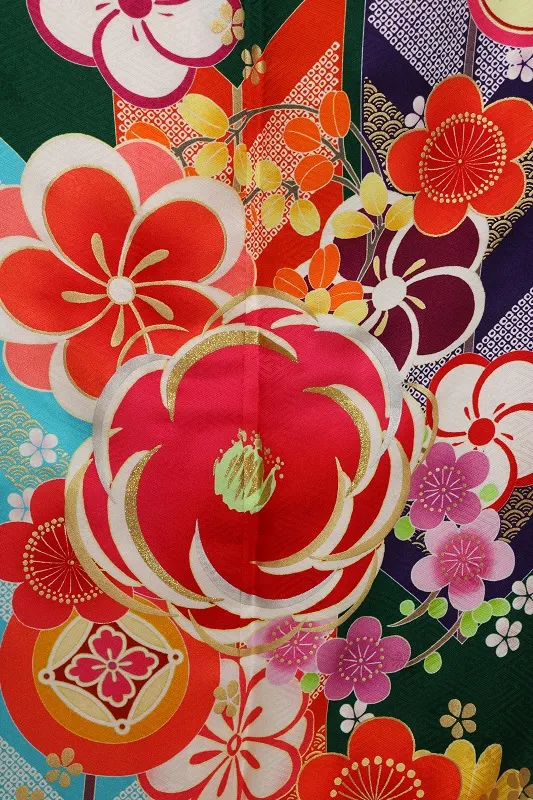 振袖1132/ｸﾞﾘｰﾝ椿梅桜【ゆったりサイズ】