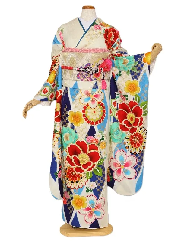 振袖1133/白ﾌﾞﾙｰ椿桜市松【ゆったりサイズ】